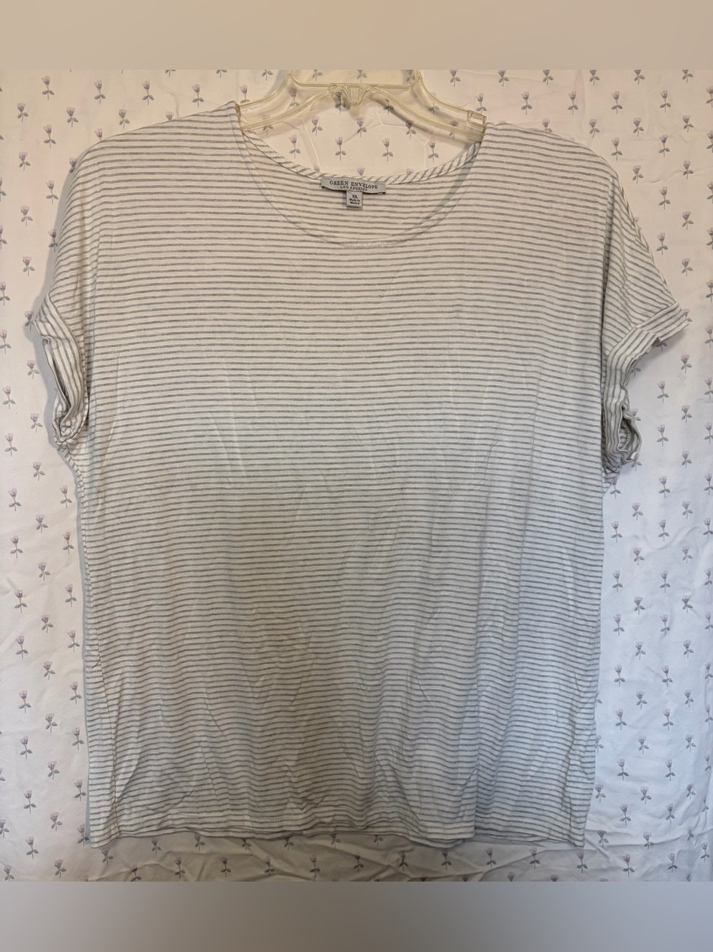 Green Envelope Women’s Short-Sleeve Tee in White and Gray Stripes